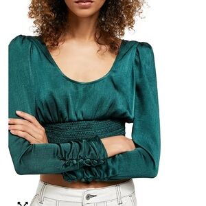 Free People Santiago Satin Cropped Blouse in Evergreen Ruched with Button Sleeve